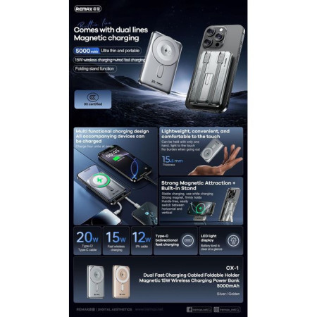 POWER BANK WIRLESS CHARGING 5000 MAH REMAX 15W MODEL CX-1